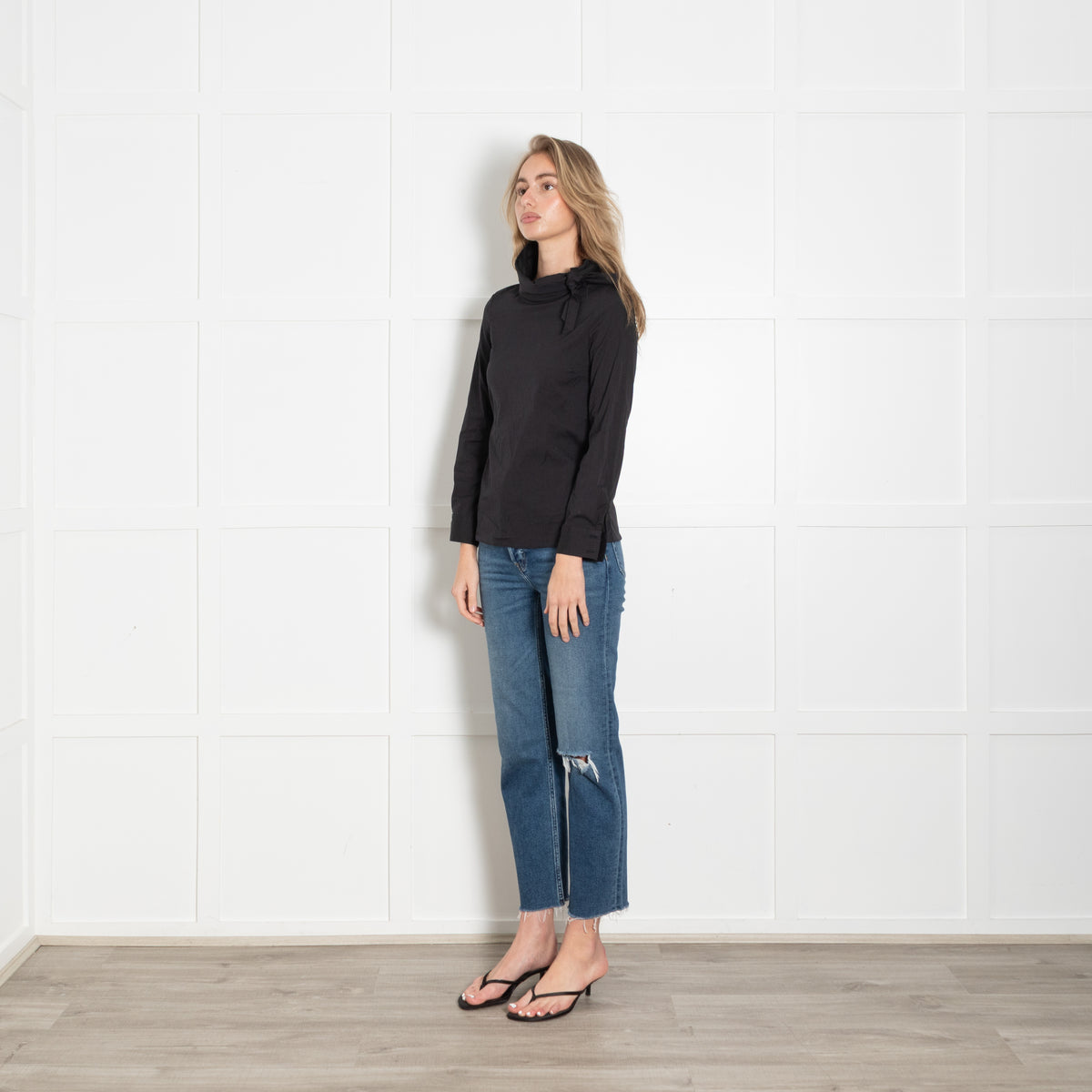Prada Black Cotton High Neck Blouse with Tie