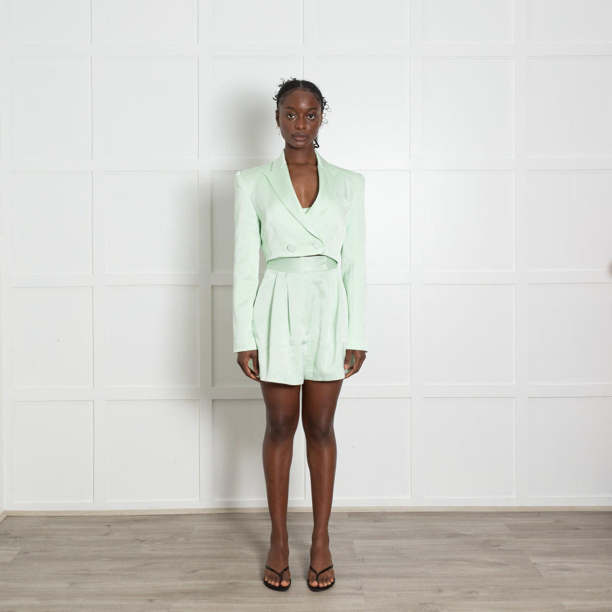 Alex Perry Lime Green Shorts Bra Top And Cropped Blazer Set