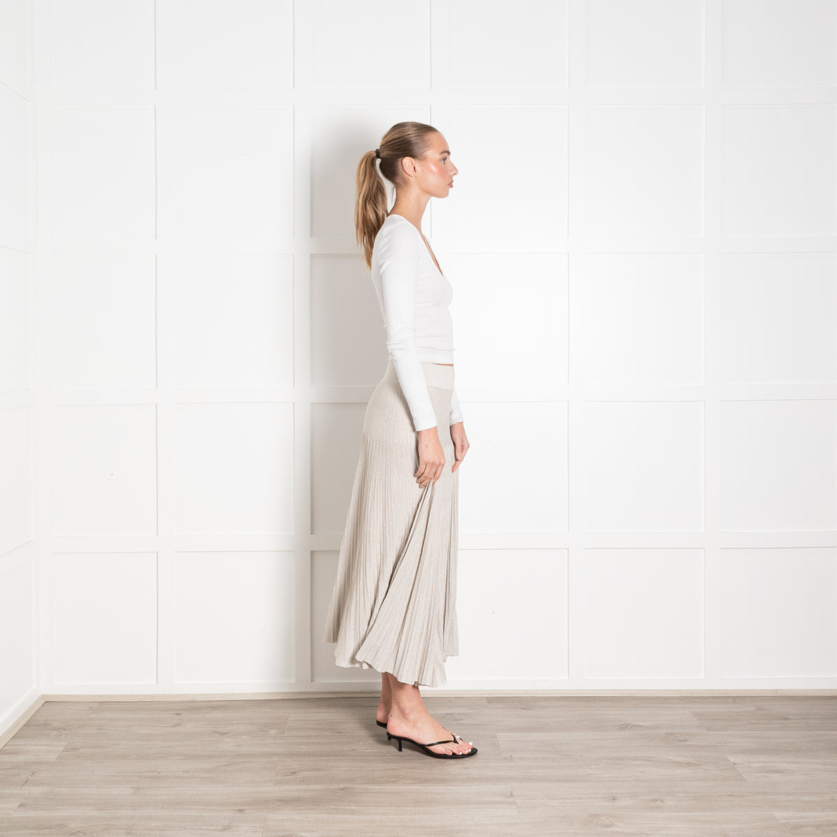 Casasola Silver Lurex Pleated Midi Skirt