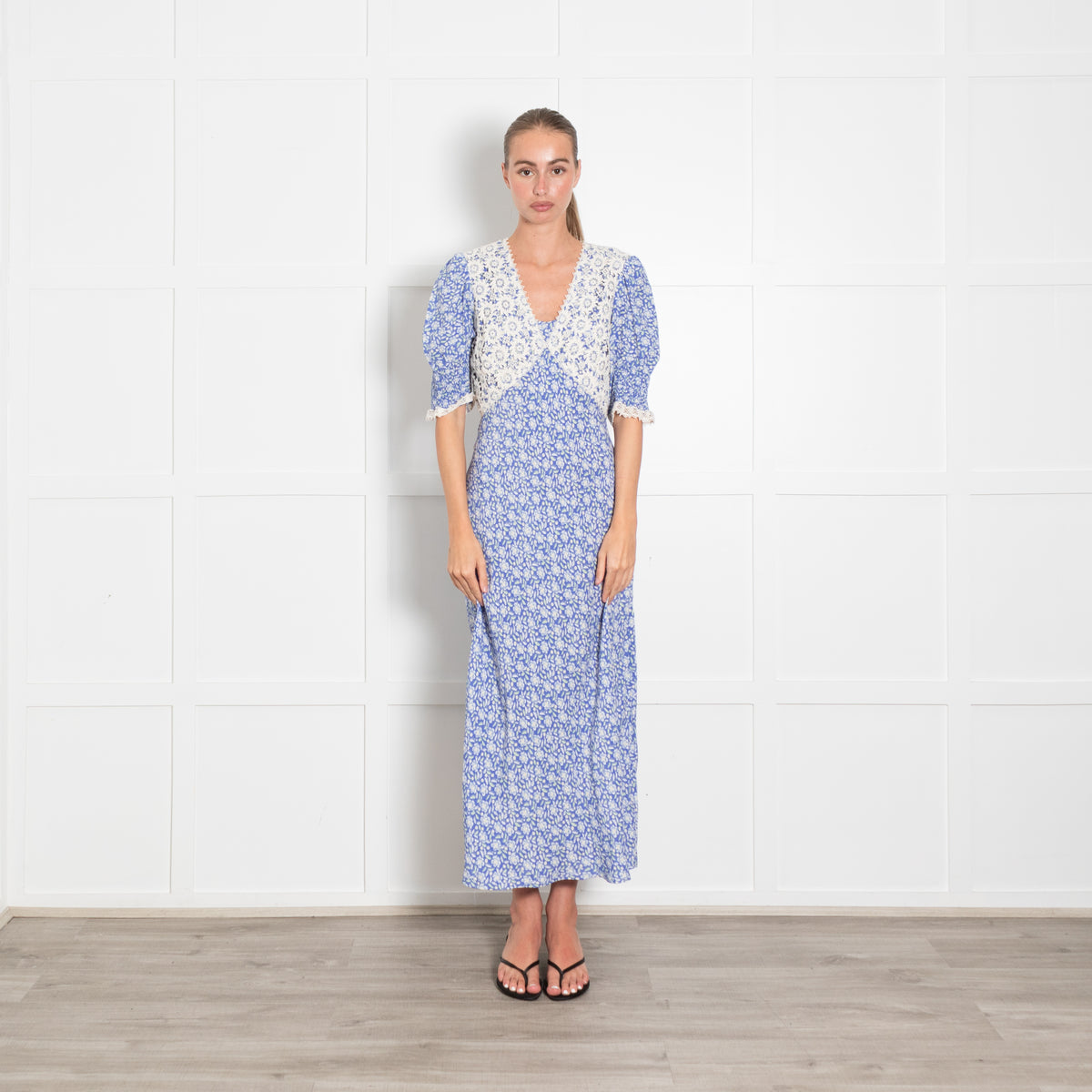 Rixo Blue Printed Lace Bodice Short Sleeved Maxi Dress
