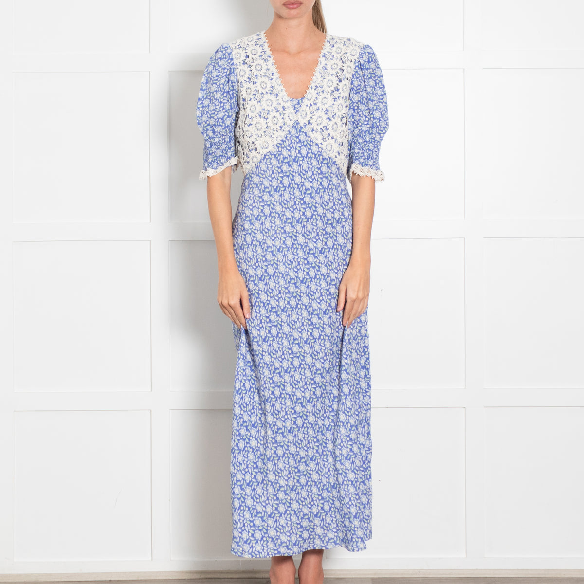 Rixo Blue Printed Lace Bodice Short Sleeved Maxi Dress