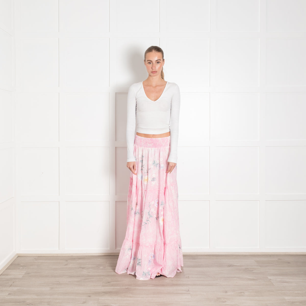 Fillyboo Pink Floral Tiered Full Maxi Skirt