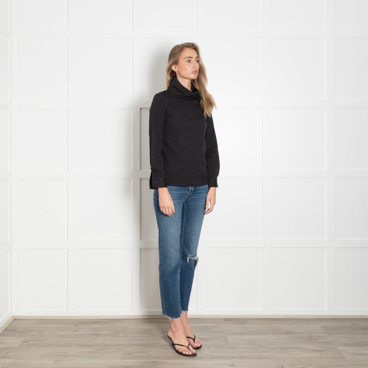 Prada Black Cotton High Neck Blouse with Tie