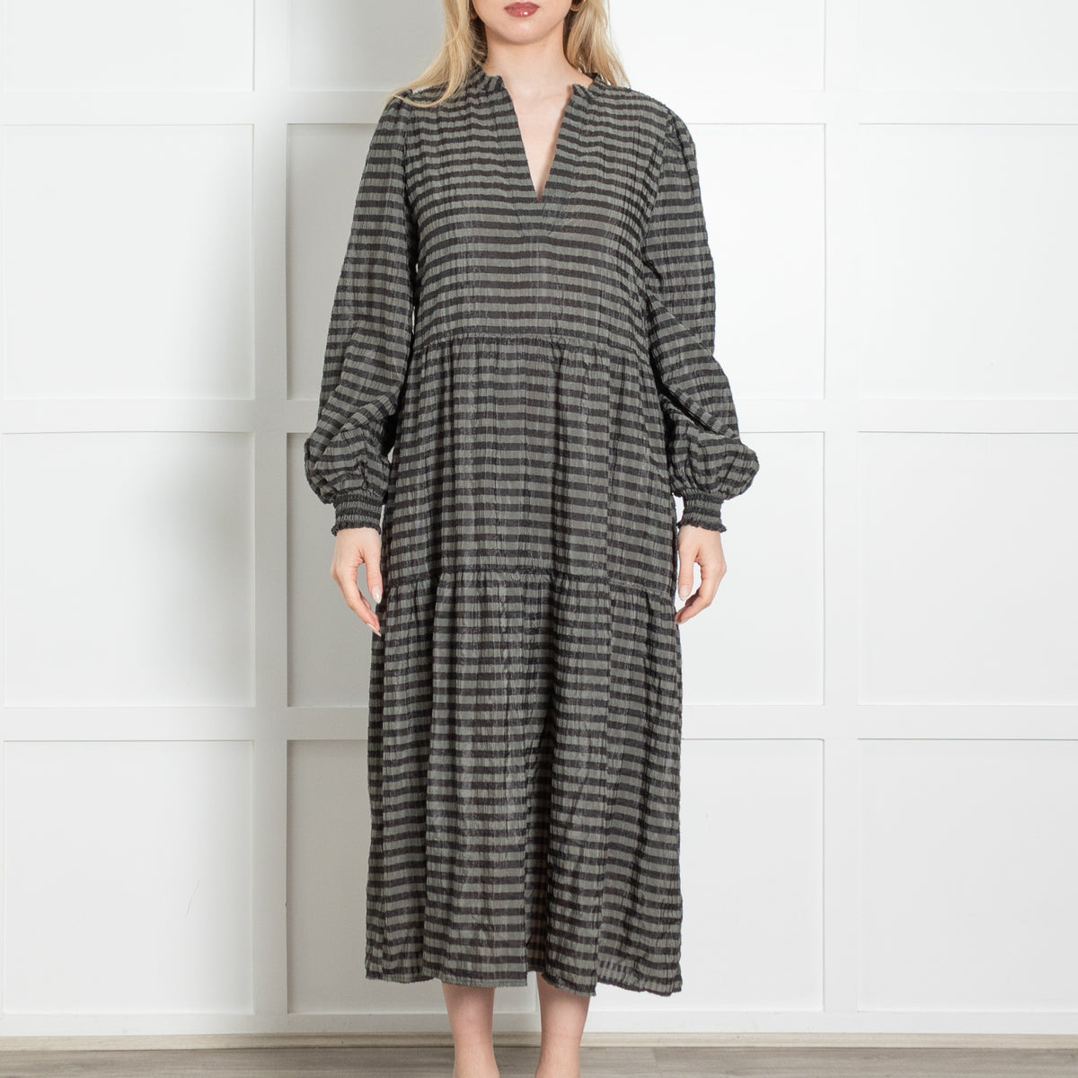 Levate Room Grey Black Striped Tiered Long Dress With Slip