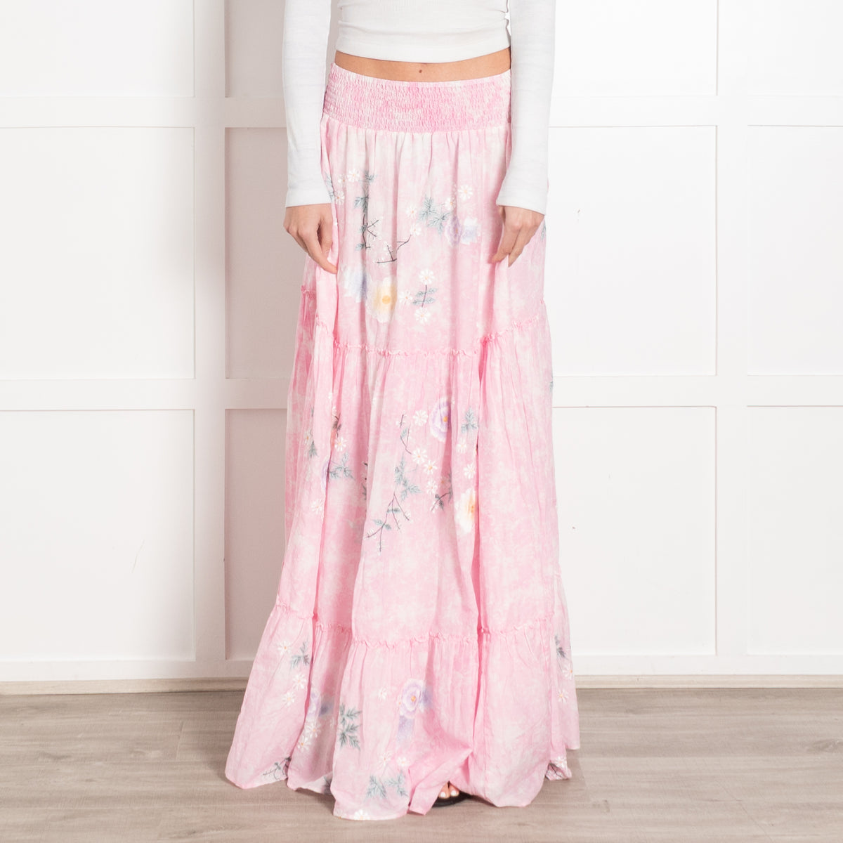 Fillyboo Pink Floral Tiered Full Maxi Skirt