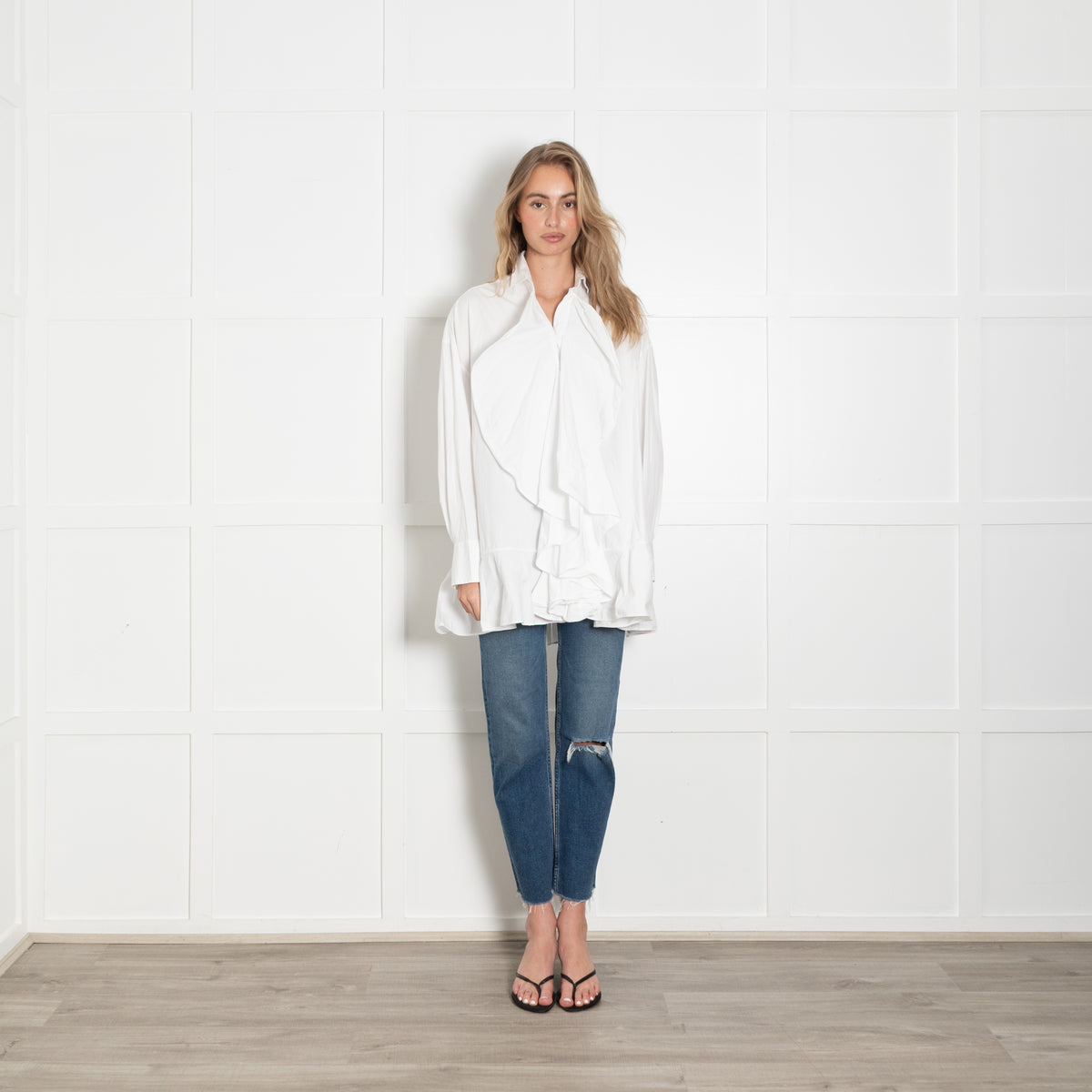 Valentino White Cotton Frill Trim Oversized Shirt