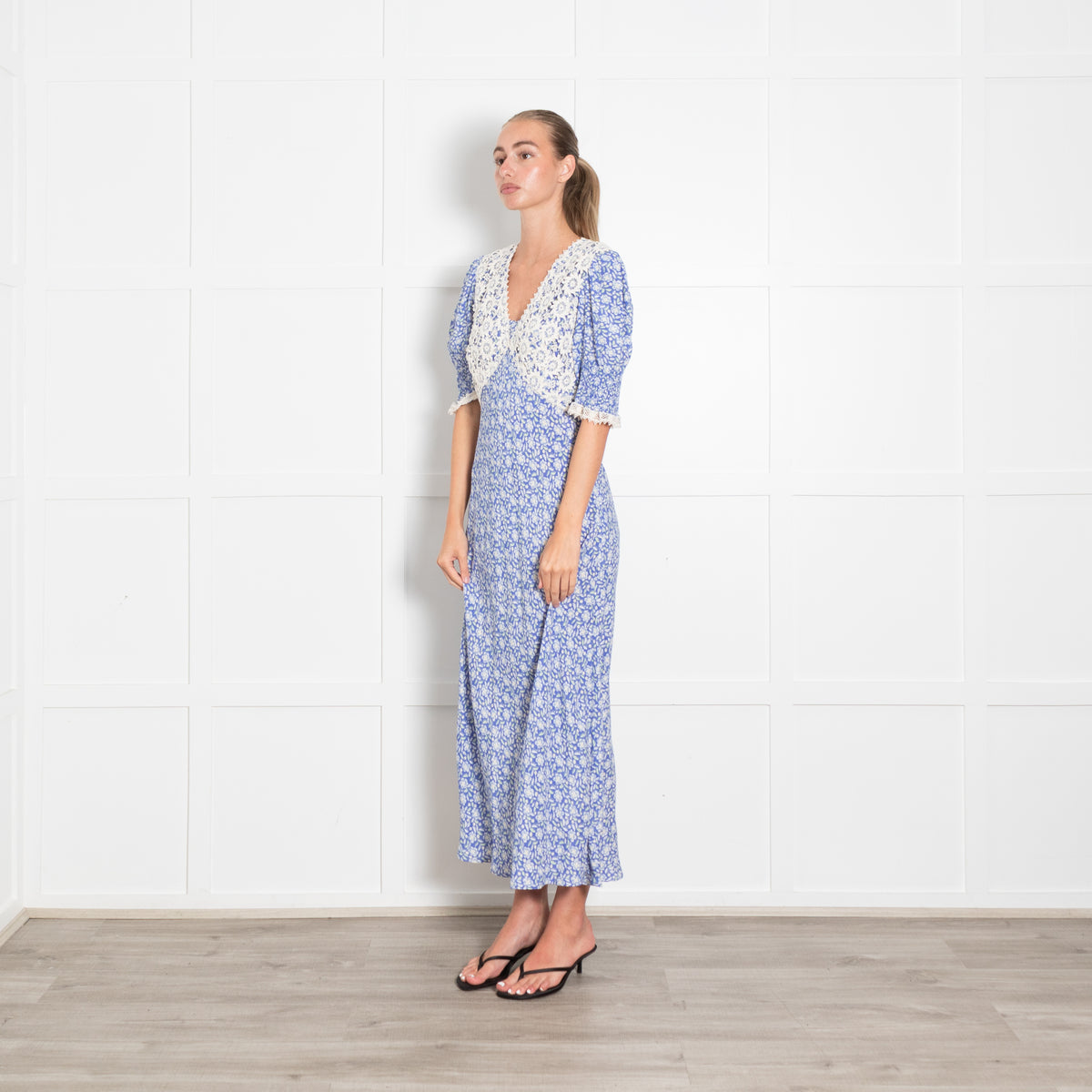 Rixo Blue Printed Lace Bodice Short Sleeved Maxi Dress