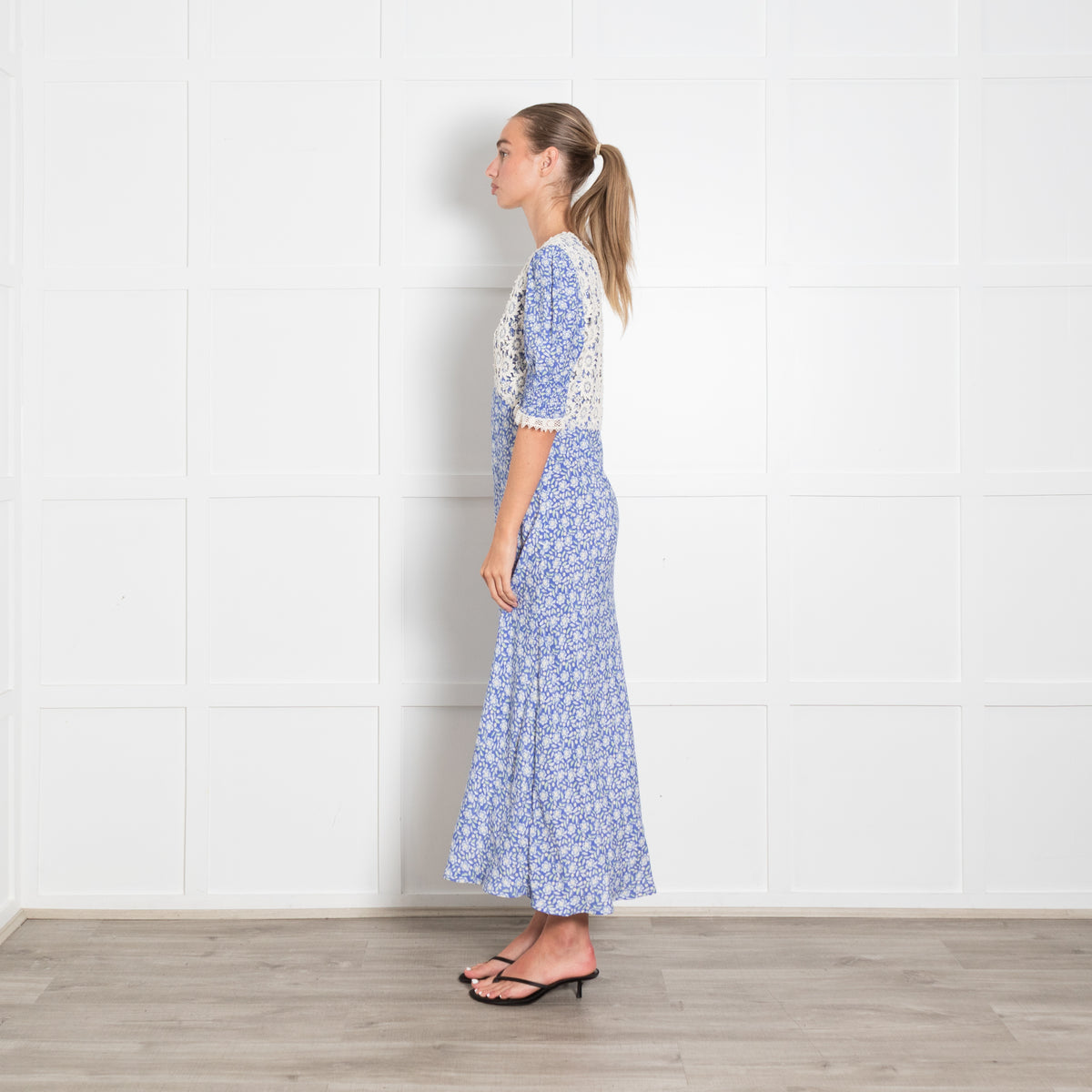 Rixo Blue Printed Lace Bodice Short Sleeved Maxi Dress
