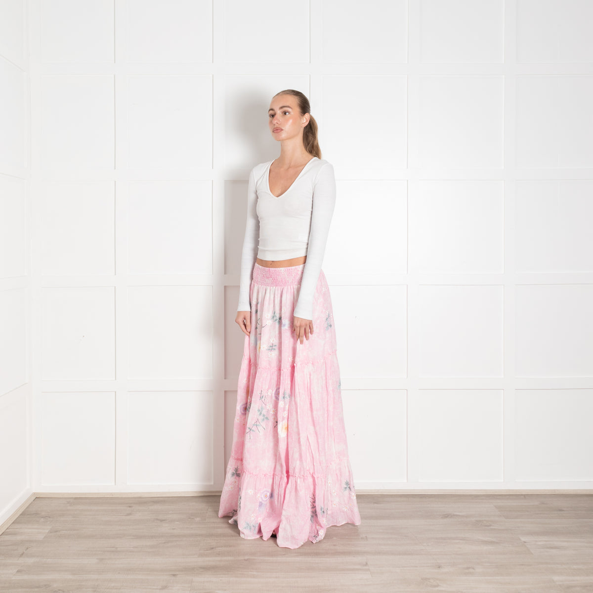 Fillyboo Pink Floral Tiered Full Maxi Skirt