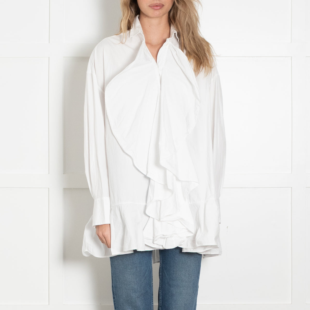 Valentino White Cotton Frill Trim Oversized Shirt