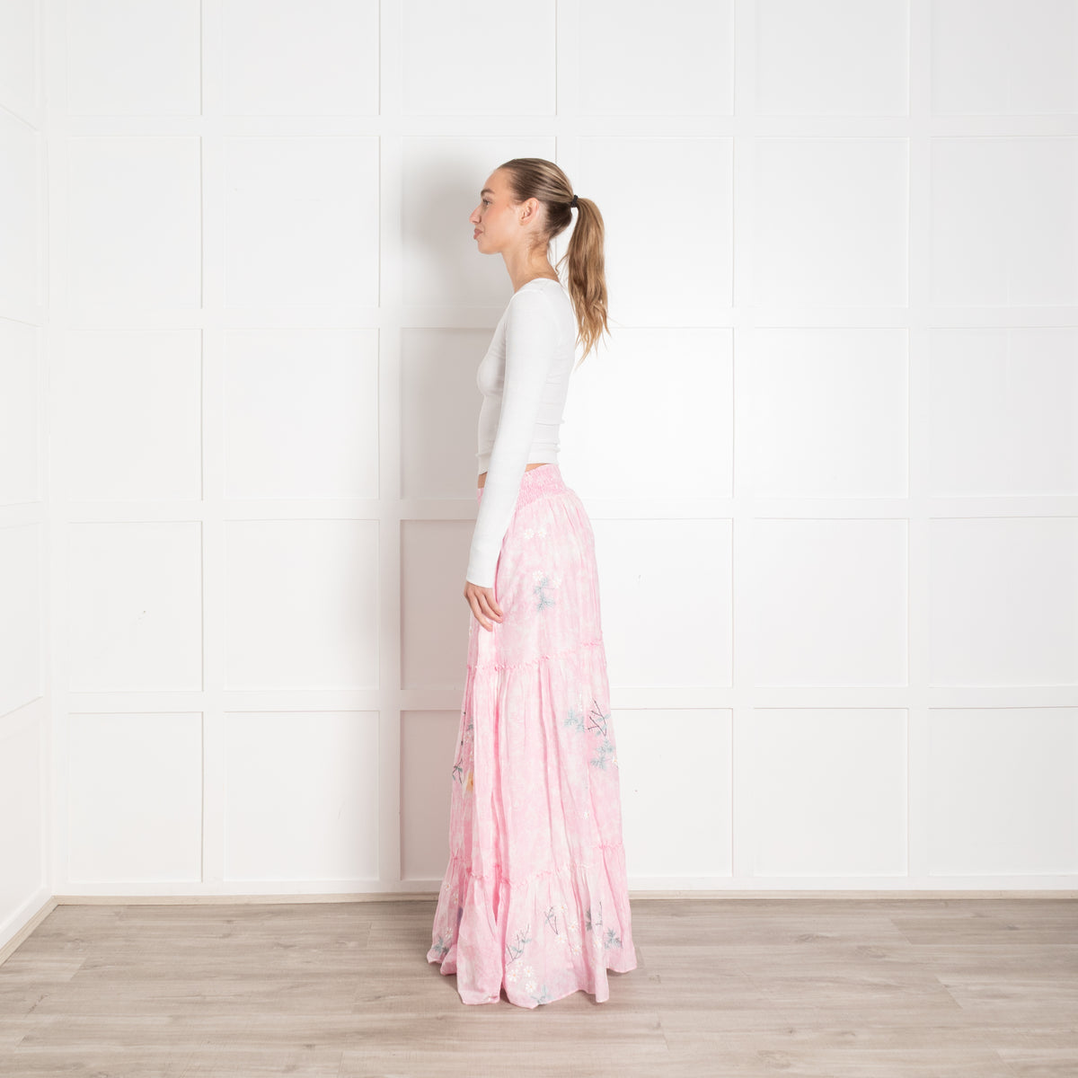 Fillyboo Pink Floral Tiered Full Maxi Skirt