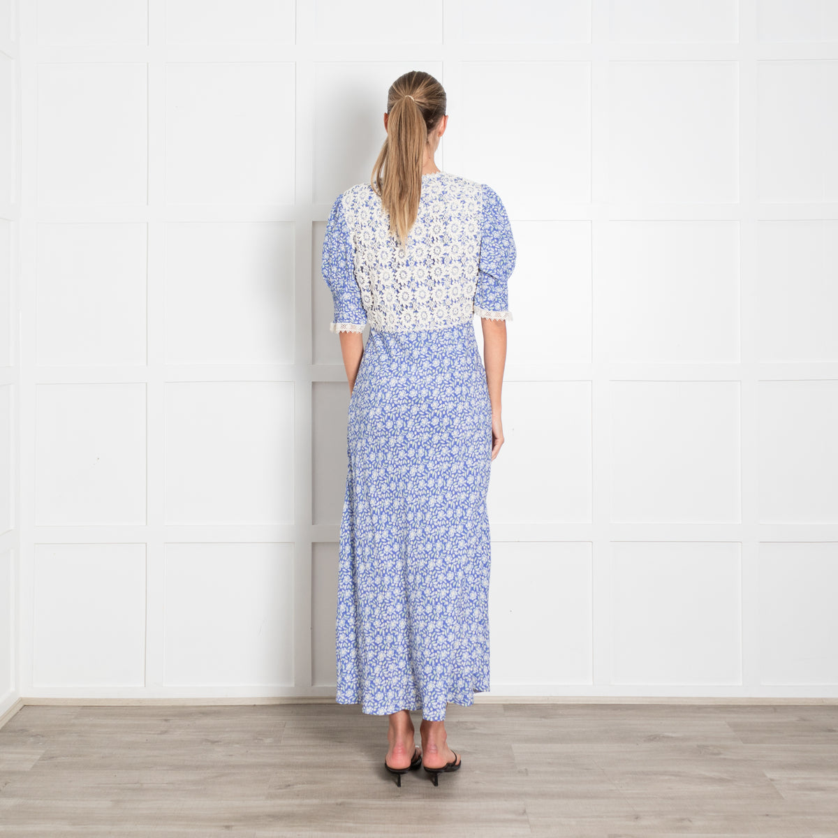 Rixo Blue Printed Lace Bodice Short Sleeved Maxi Dress