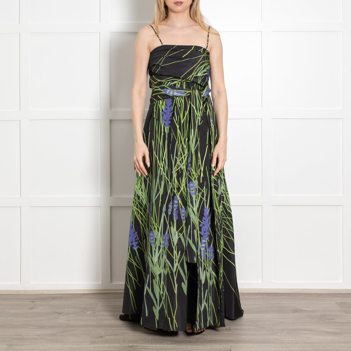 Bernadette Black Green Floral Taffeta Sleeveless Maxi Dress