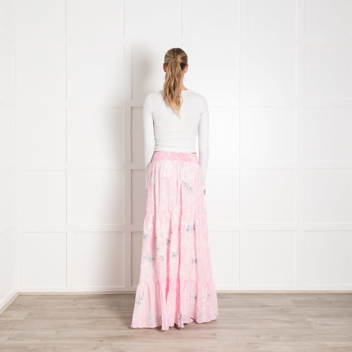 Fillyboo Pink Floral Tiered Full Maxi Skirt