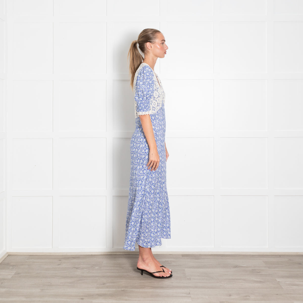 Rixo Blue Printed Lace Bodice Short Sleeved Maxi Dress