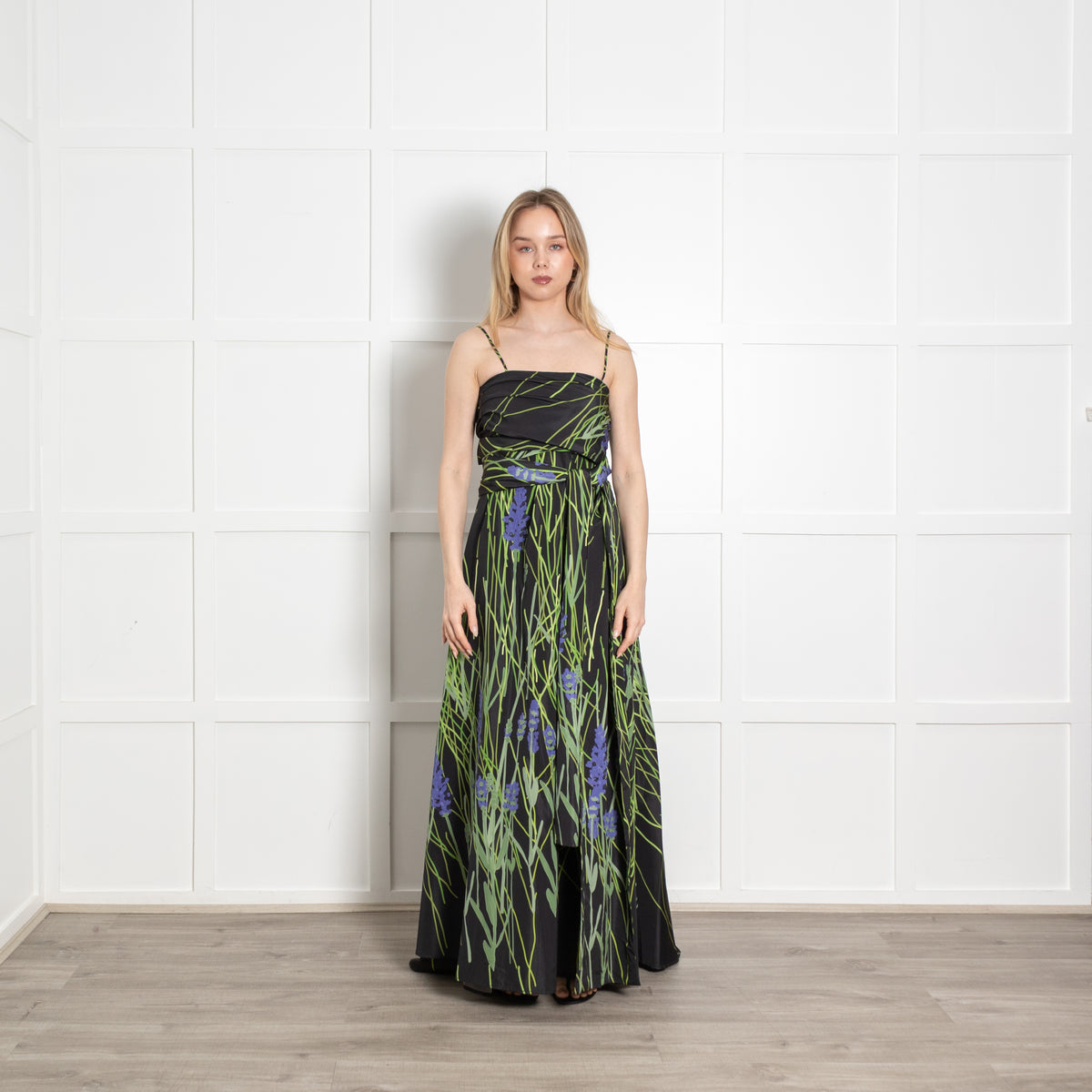 Bernadette Black Green Floral Taffeta Sleeveless Maxi Dress