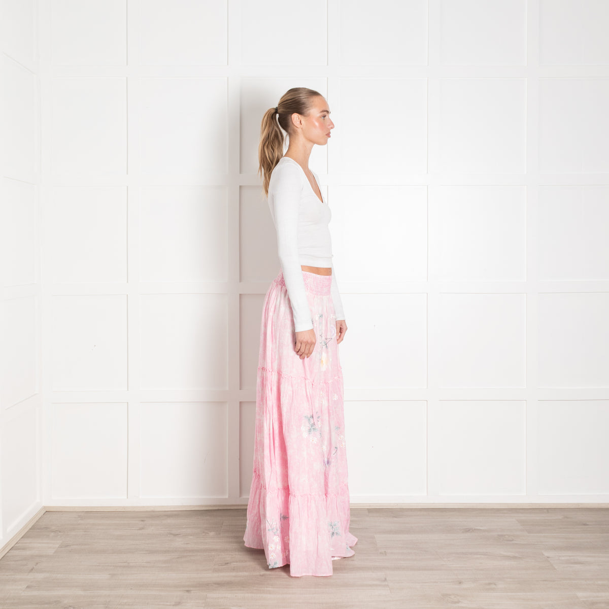 Fillyboo Pink Floral Tiered Full Maxi Skirt