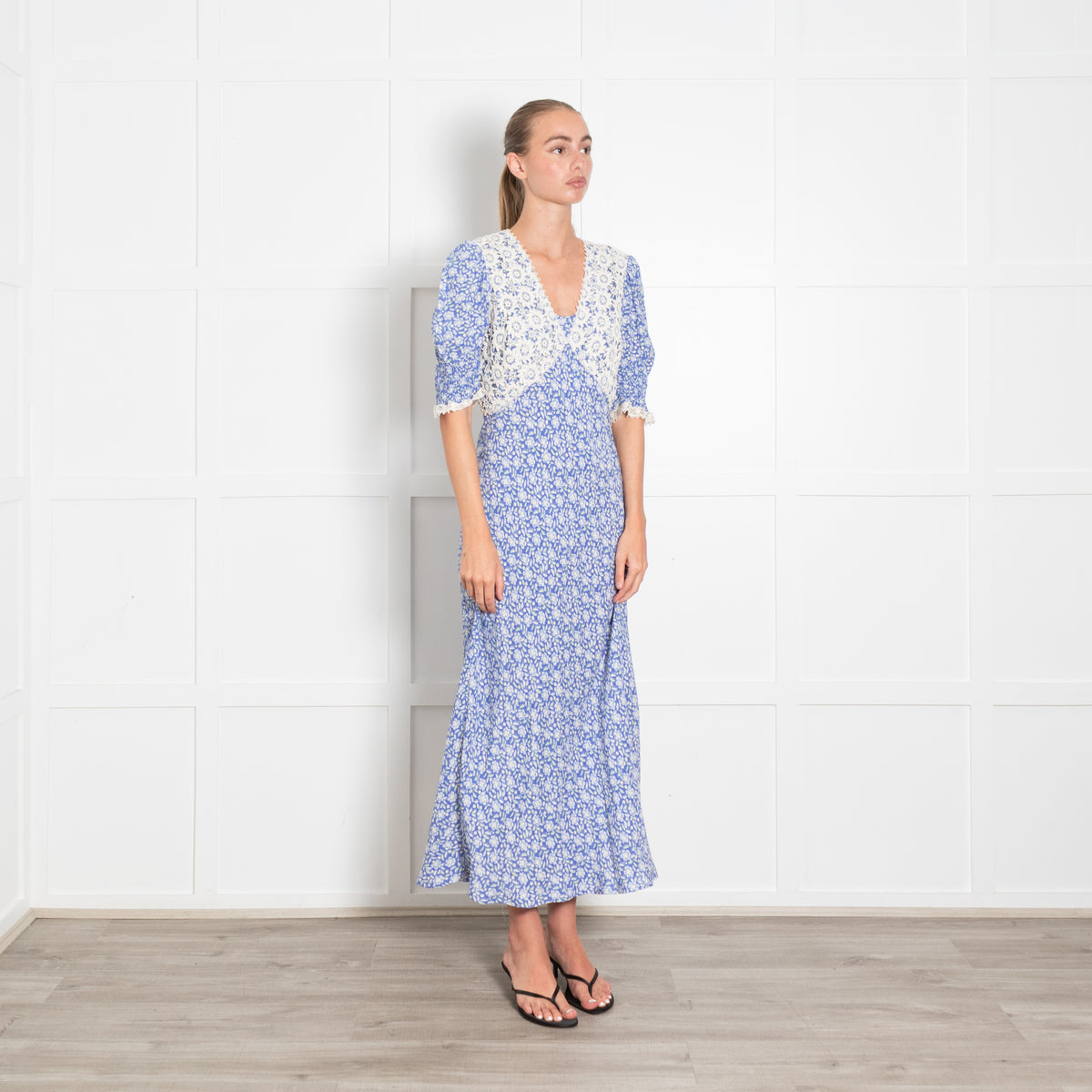 Rixo Blue Printed Lace Bodice Short Sleeved Maxi Dress