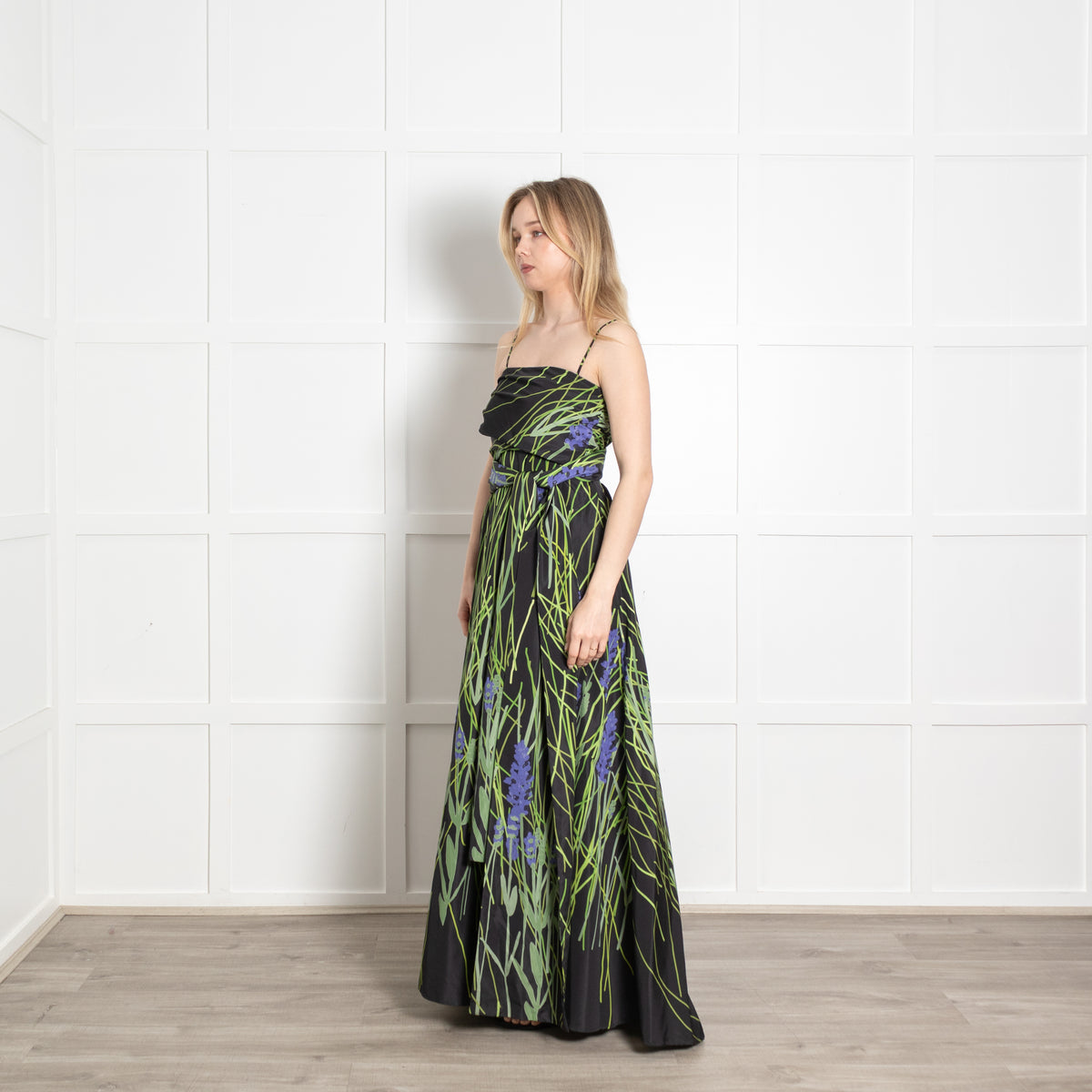 Bernadette Black Green Floral Taffeta Sleeveless Maxi Dress