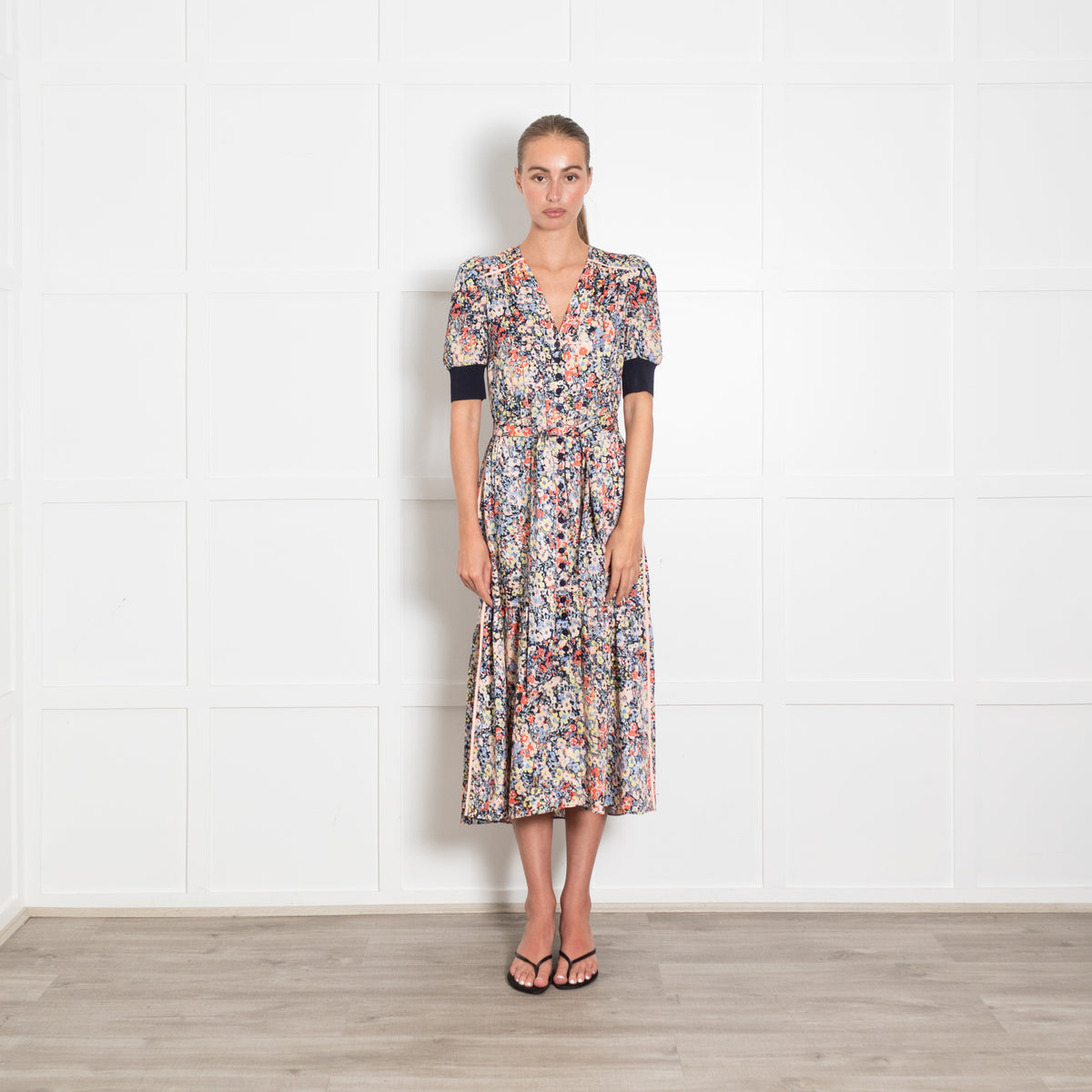 ME+EM Navy and Peach  Button Through Floral Maxi Dress