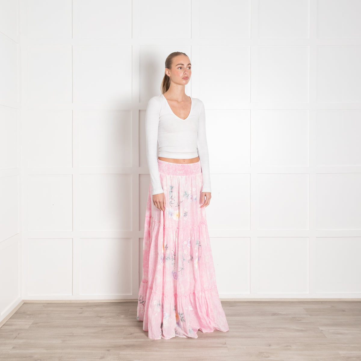 Fillyboo Pink Floral Tiered Full Maxi Skirt