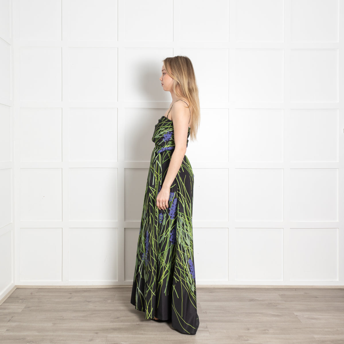 Bernadette Black Green Floral Taffeta Sleeveless Maxi Dress