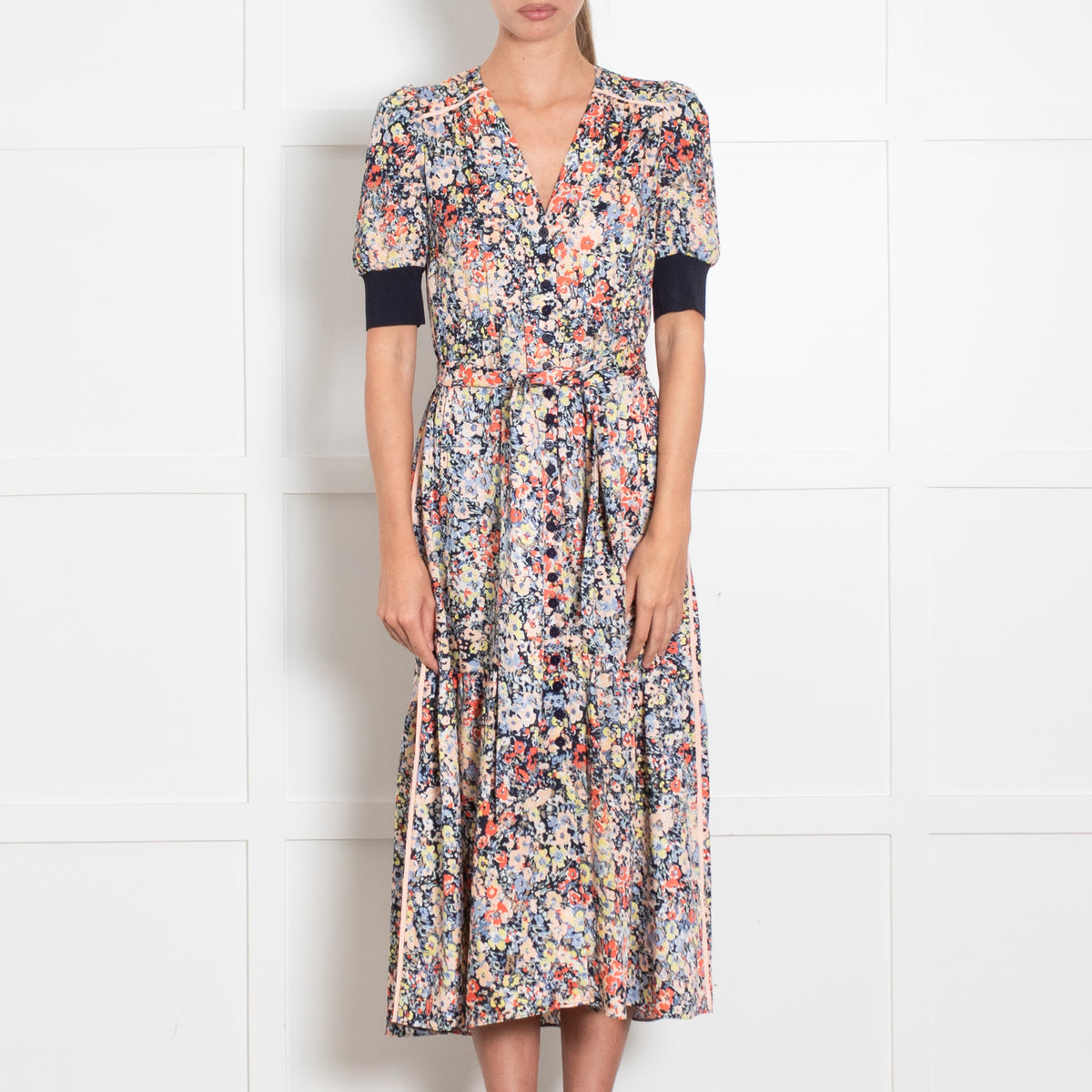 ME+EM Navy and Peach  Button Through Floral Maxi Dress