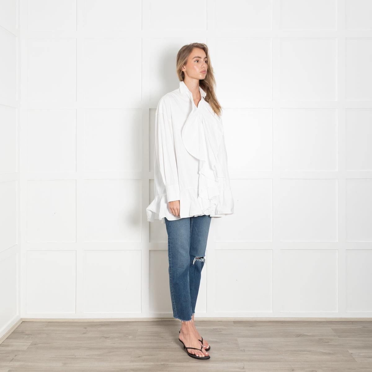 Valentino White Cotton Frill Trim Oversized Shirt