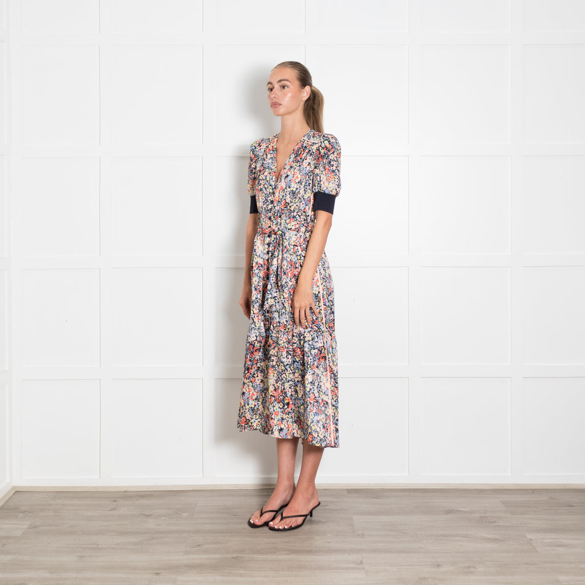 ME+EM Navy and Peach  Button Through Floral Maxi Dress
