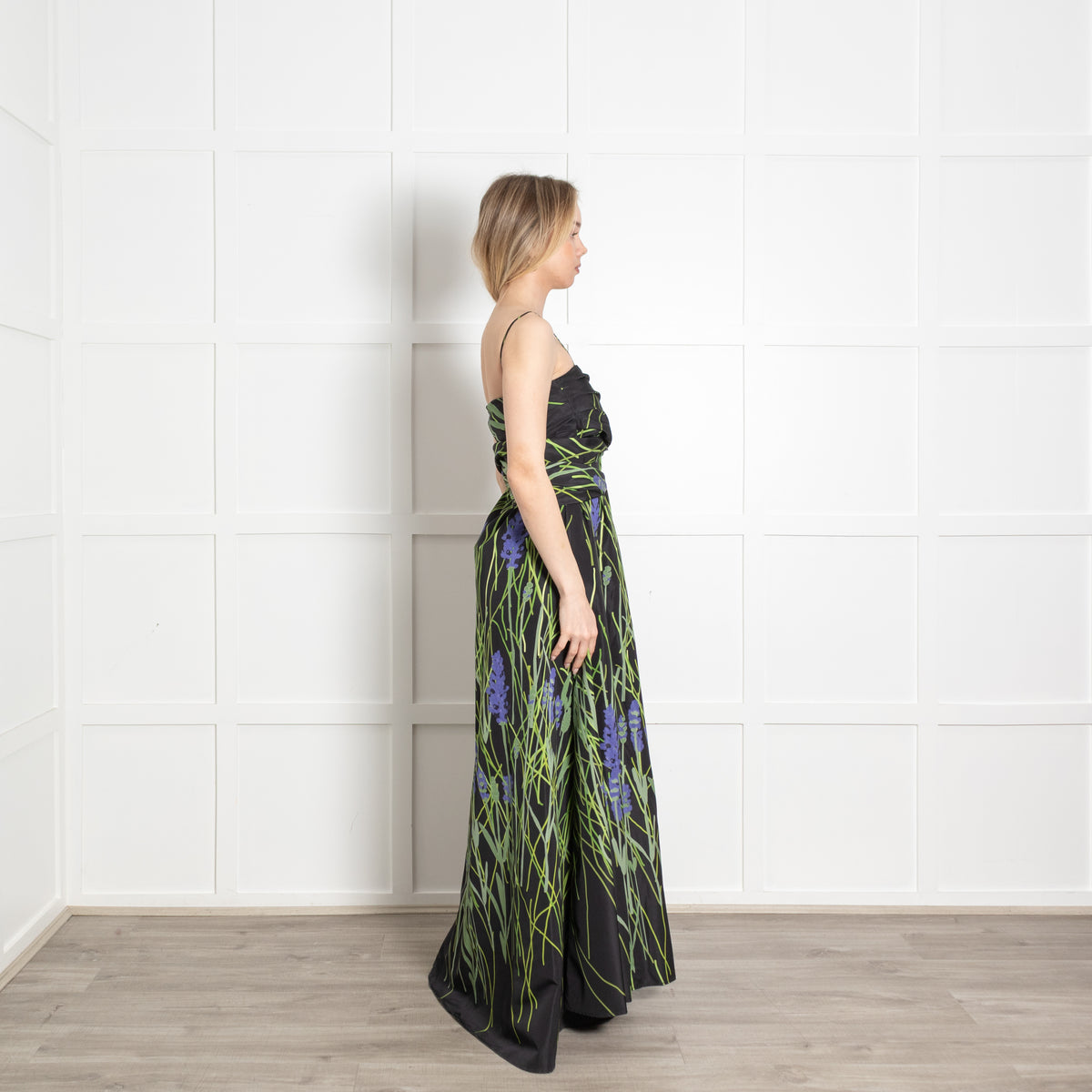 Bernadette Black Green Floral Taffeta Sleeveless Maxi Dress