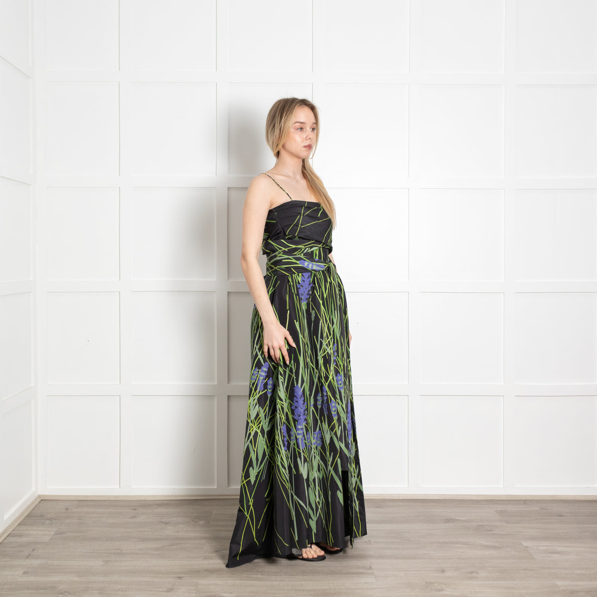 Bernadette Black Green Floral Taffeta Sleeveless Maxi Dress