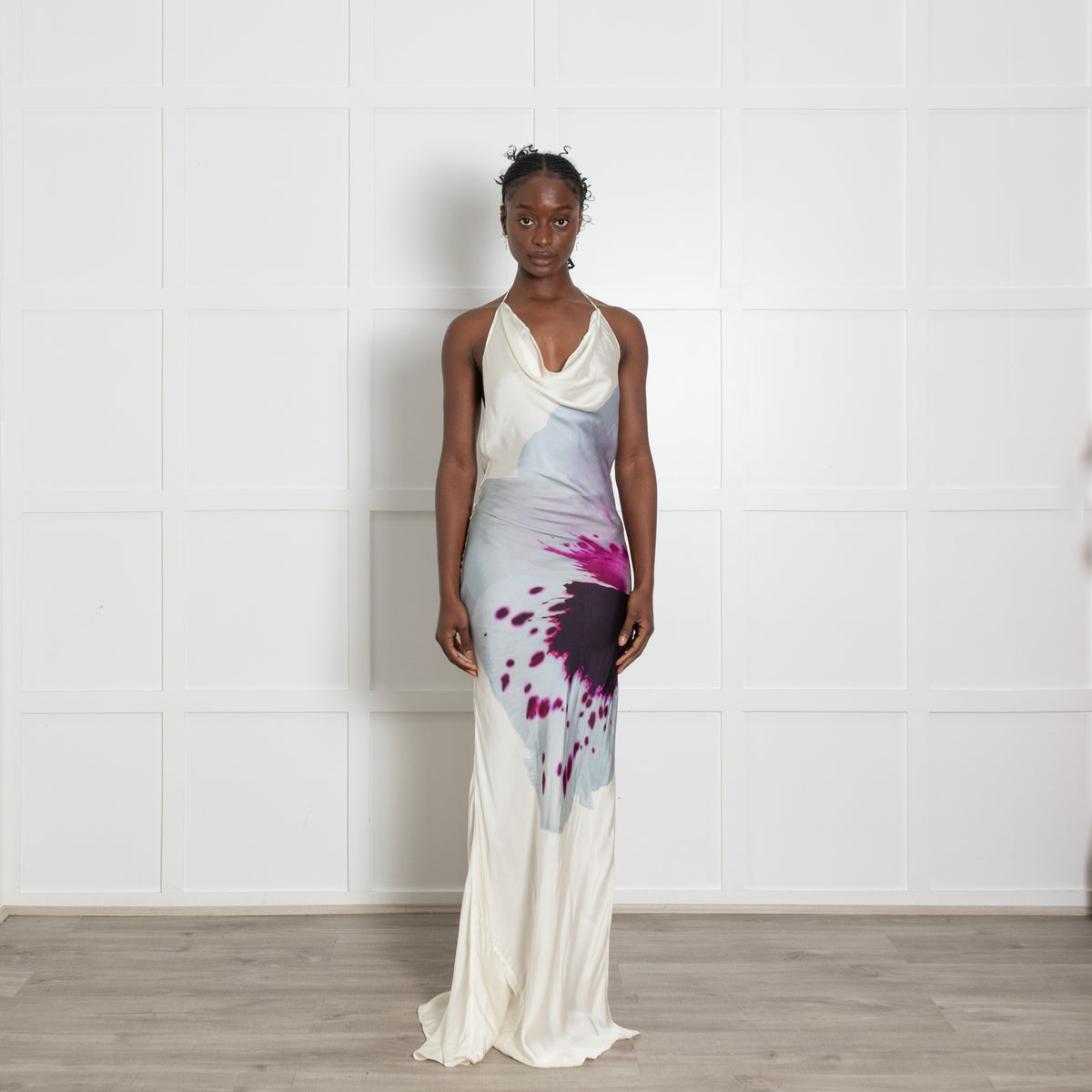 Rat & Boa Cream And Purple Watercolour Print Maxi Halter Neck Dress