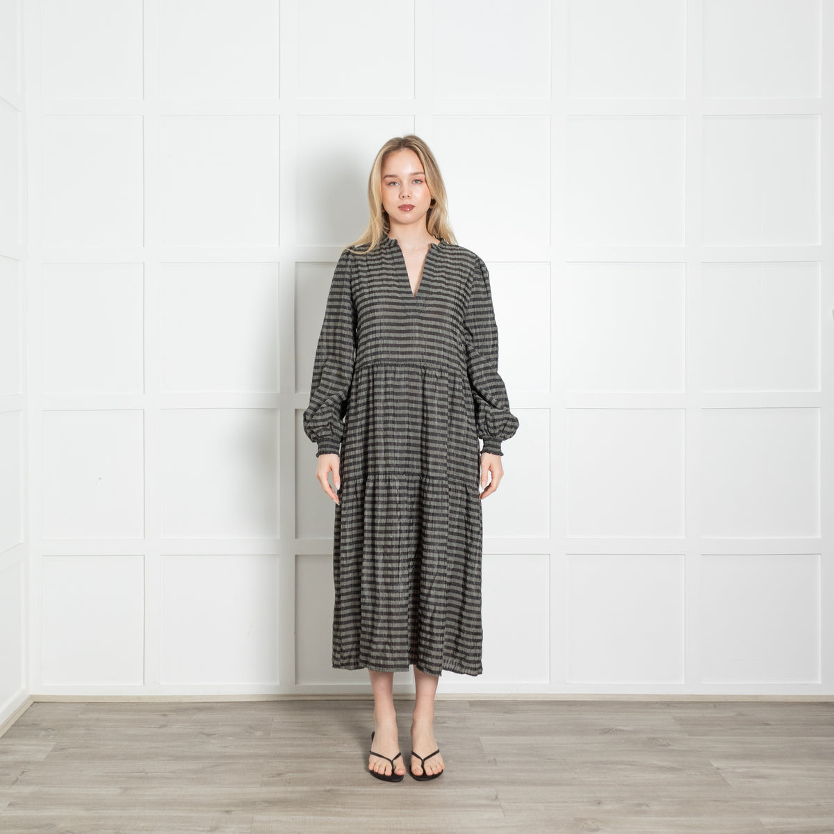 Levate Room Grey Black Striped Tiered Long Dress With Slip