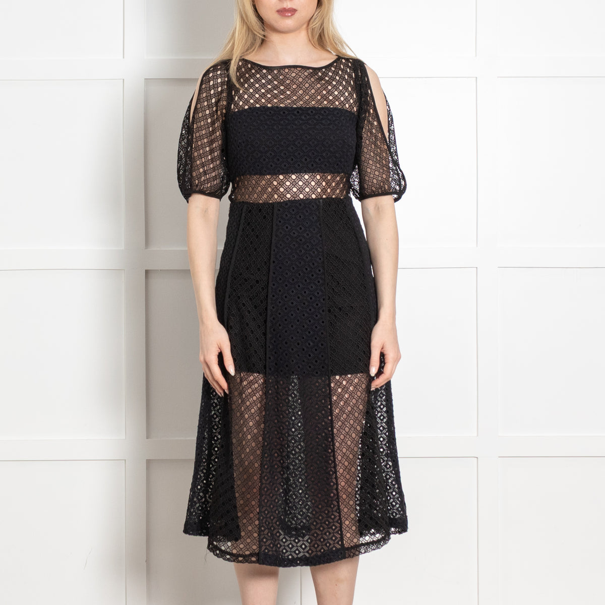 Sandro Black Lace Cut Out Sleeves Midi Dress