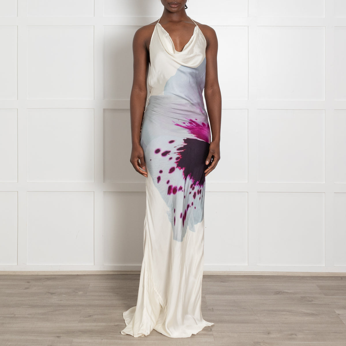Rat & Boa Cream And Purple Watercolour Print Maxi Halter Neck Dress