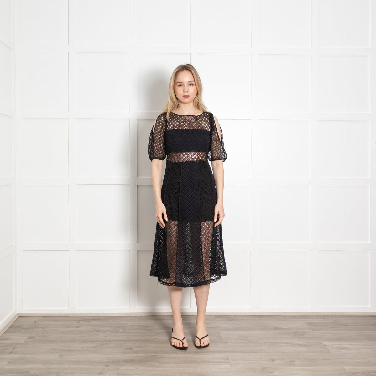 Sandro Black Lace Cut Out Sleeves Midi Dress