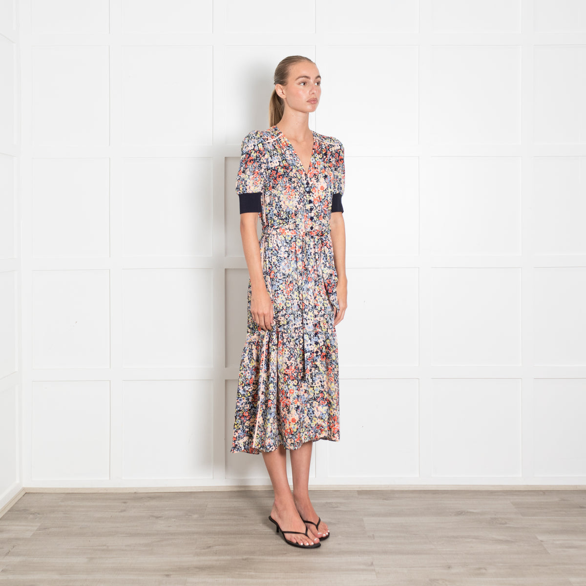 ME+EM Navy and Peach  Button Through Floral Maxi Dress