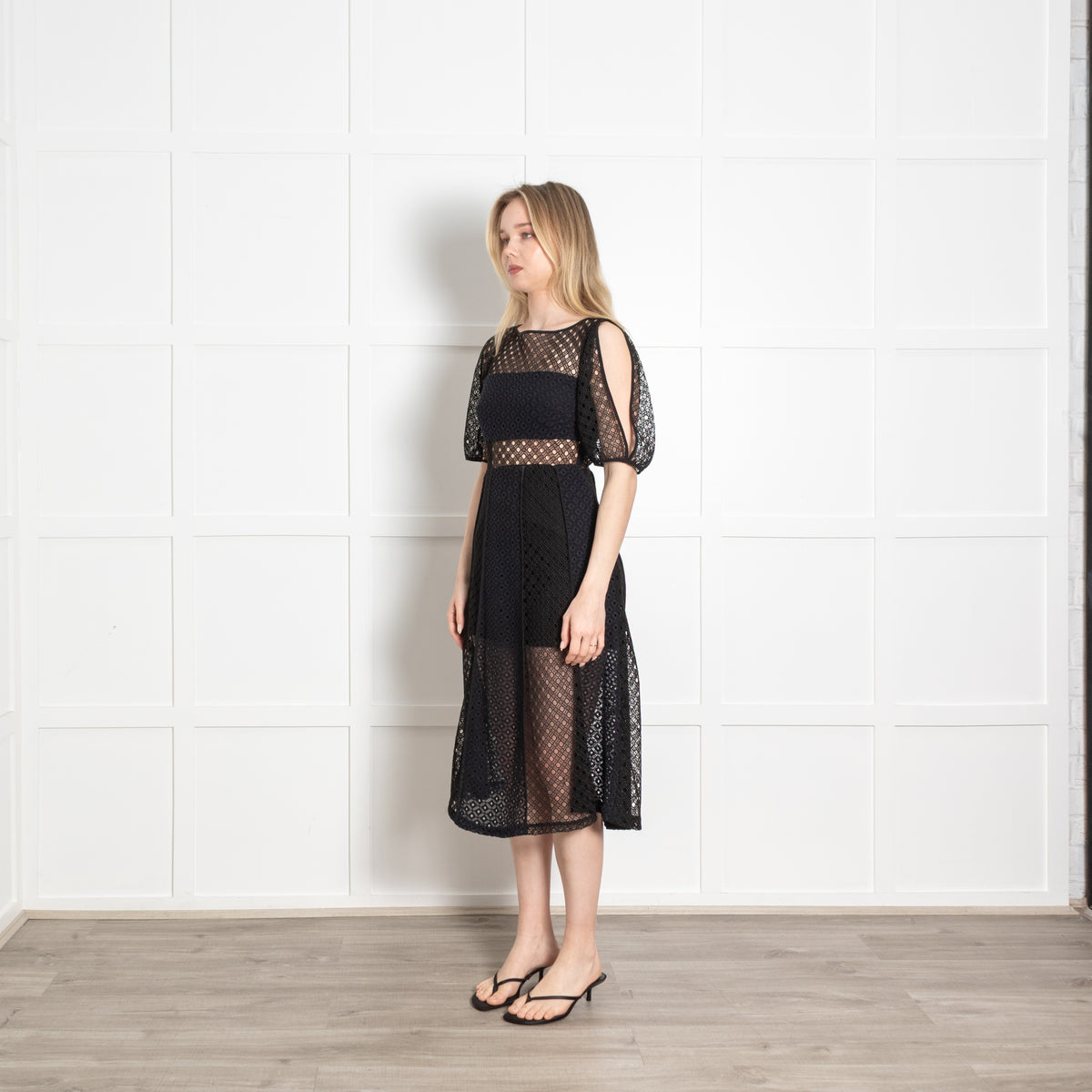 Sandro Black Lace Cut Out Sleeves Midi Dress