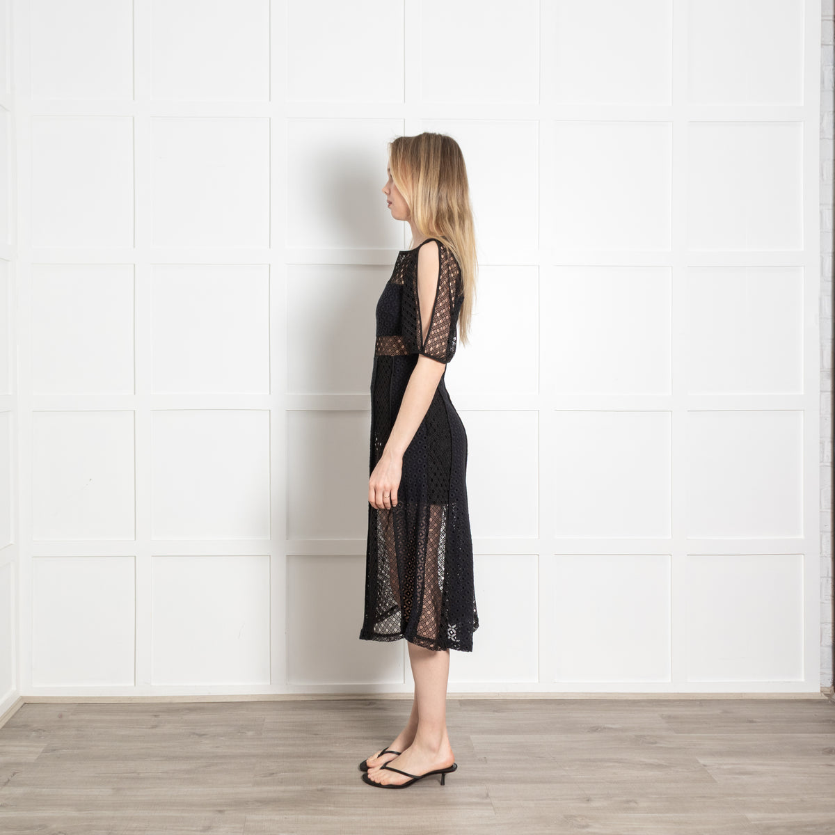 Sandro Black Lace Cut Out Sleeves Midi Dress