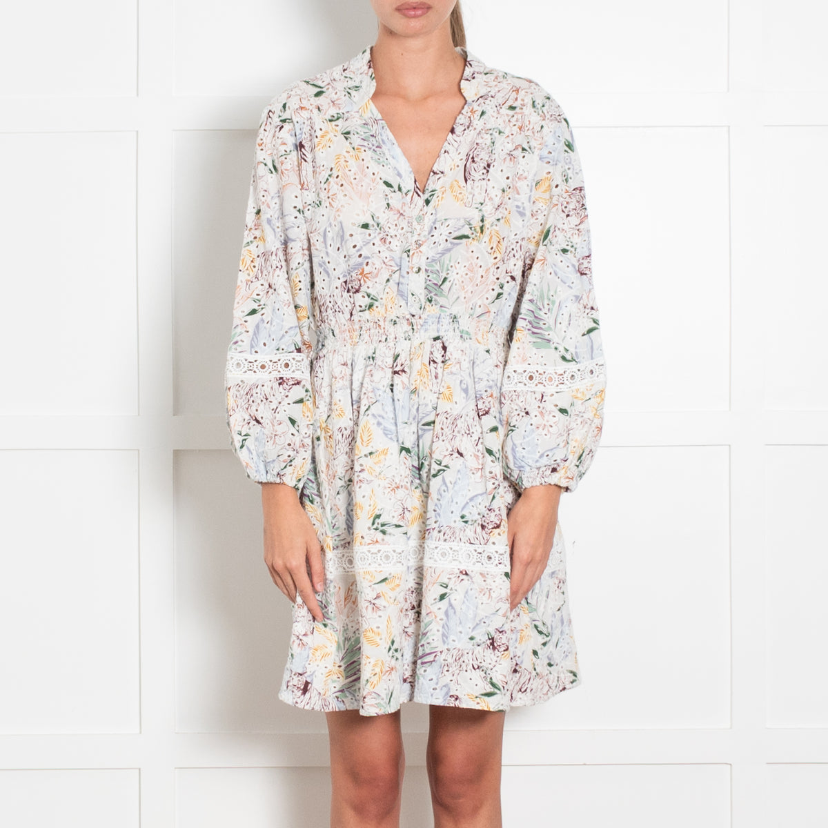 Maje Multi Floral Balloon Sleeve Broderie Anglaise Dress
