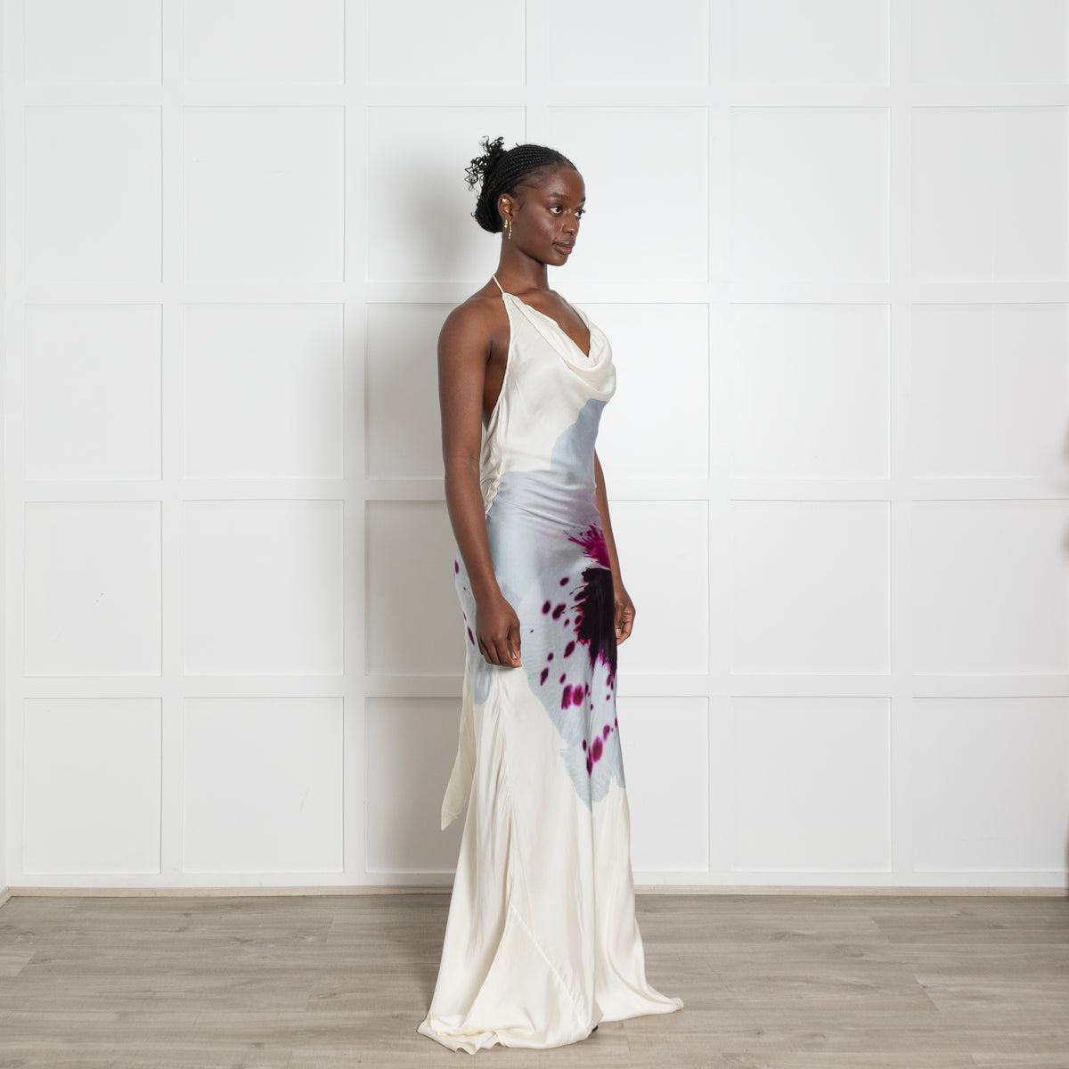 Rat & Boa Cream And Purple Watercolour Print Maxi Halter Neck Dress