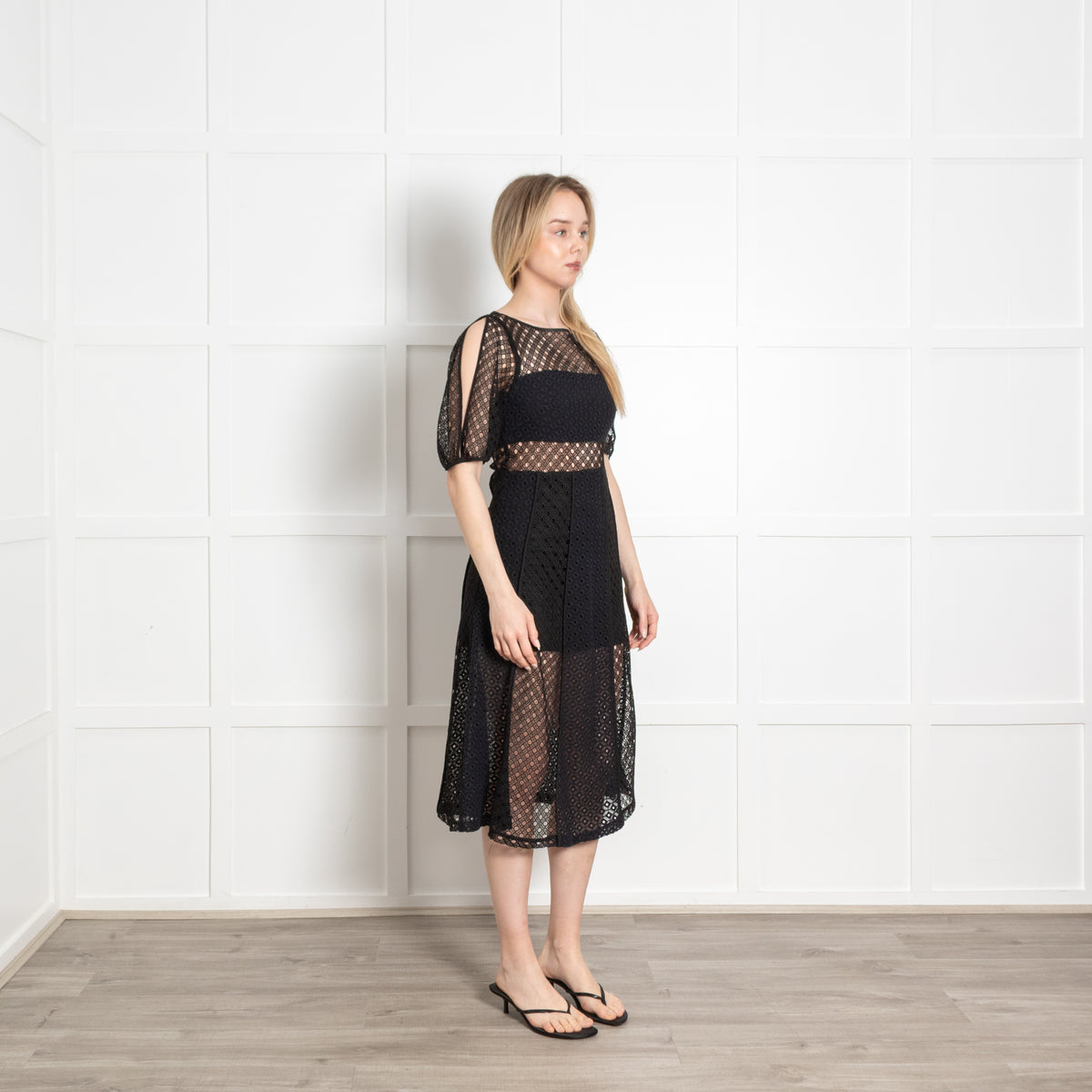 Sandro Black Lace Cut Out Sleeves Midi Dress