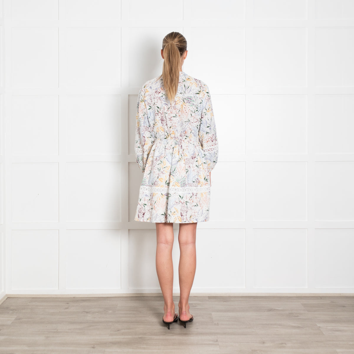 Maje Multi Floral Balloon Sleeve Broderie Anglaise Dress