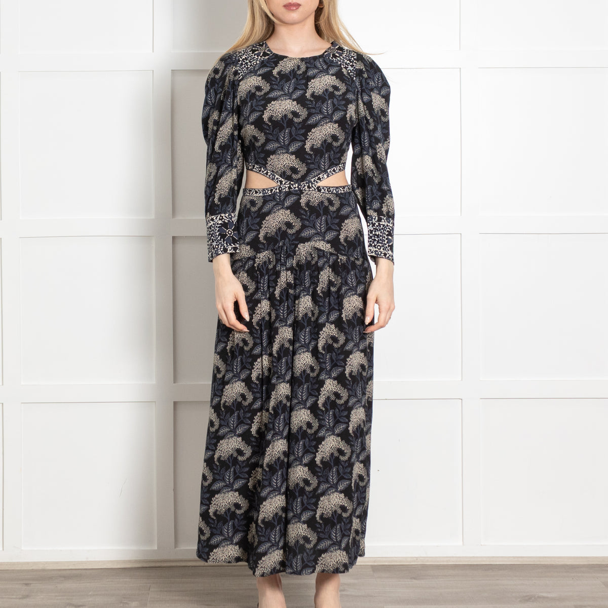 Ba&Sh Black Blue Floral Cut Out Waist Maxi Dress