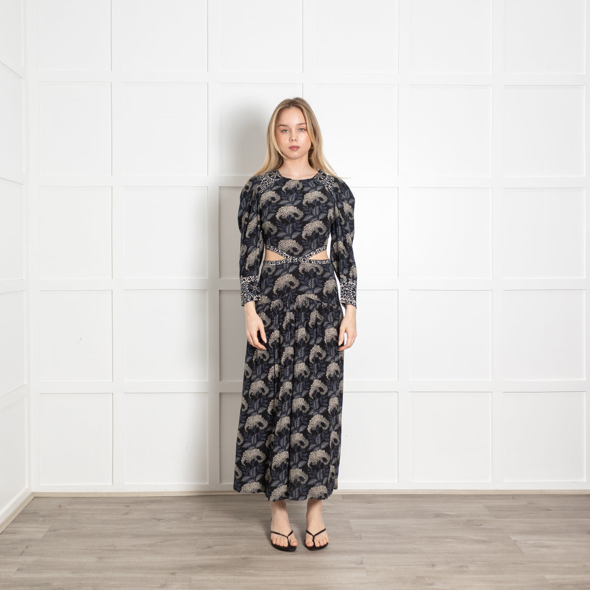 Ba&Sh Black Blue Floral Cut Out Waist Maxi Dress