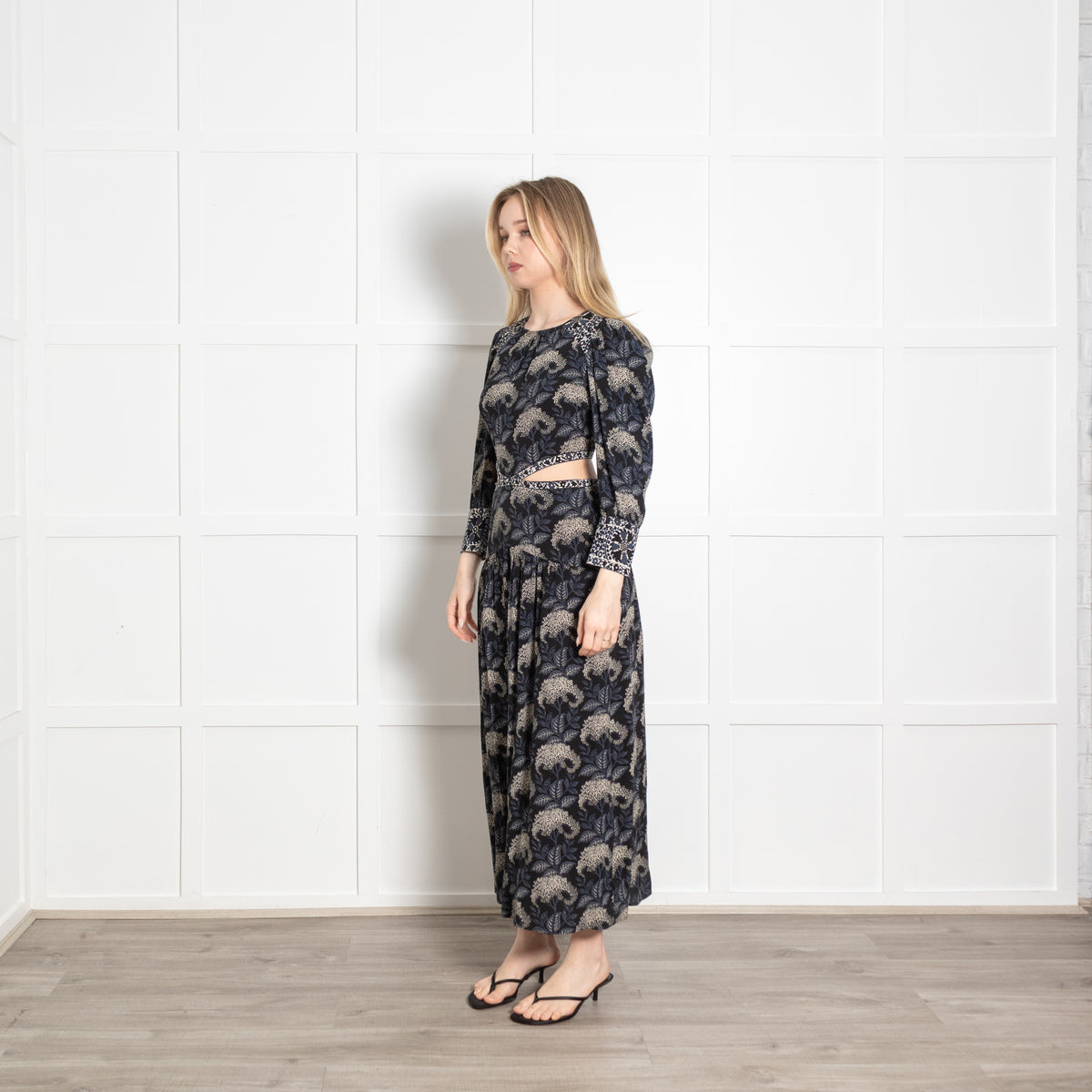 Ba&Sh Black Blue Floral Cut Out Waist Maxi Dress