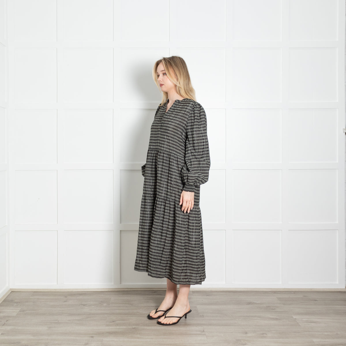 Levate Room Grey Black Striped Tiered Long Dress With Slip