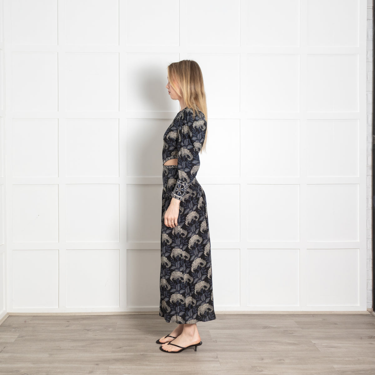 Ba&Sh Black Blue Floral Cut Out Waist Maxi Dress