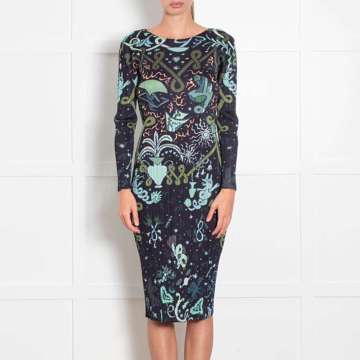 Pleats Please Navy Green Astrological Print Long Sleeve Dress