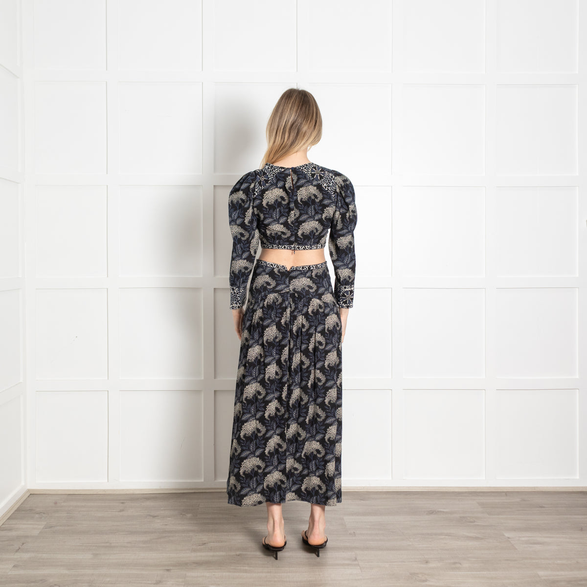 Ba&Sh Black Blue Floral Cut Out Waist Maxi Dress